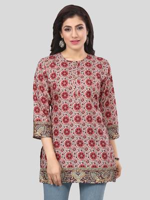 Cream printed crepe short-kurtis 1