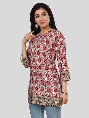 Cream printed crepe short-kurtis 3