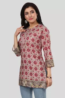 Cream printed crepe short-kurtis