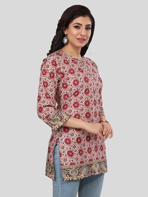 Cream printed crepe short-kurtis 4