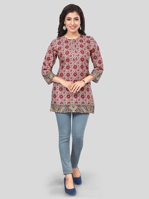 Cream printed crepe short-kurtis 5