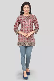 Cream printed crepe short-kurtis