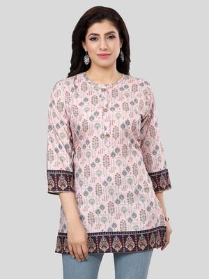 Pink printed crepe short-kurtis 1