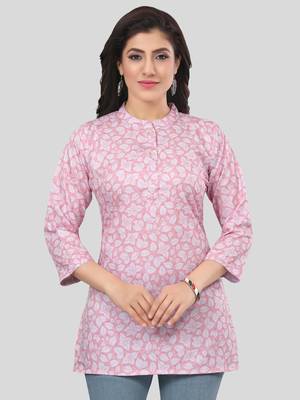 Pink printed crepe short-kurtis 1