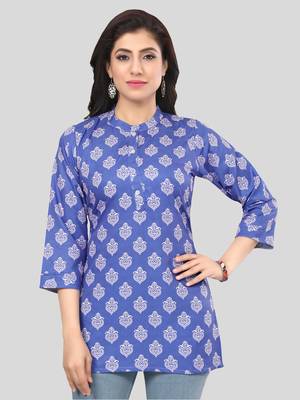Blue printed crepe short-kurtis 1