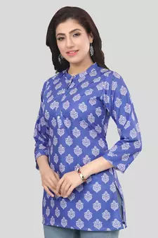 Blue printed crepe short-kurtis