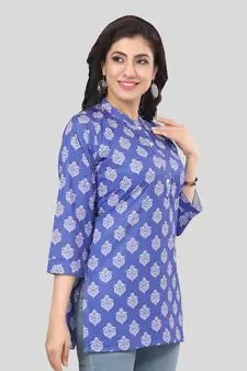 Blue printed crepe short-kurtis