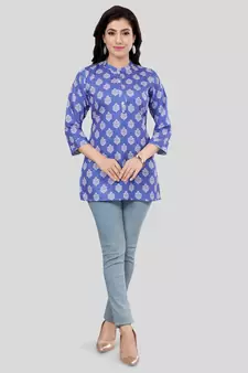 Blue printed crepe short-kurtis