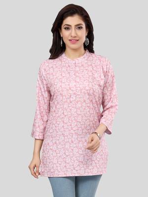 Pink printed crepe short-kurtis 1