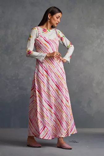 Blossom Pink Floral Cape With Stripes Dress