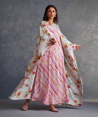 Blossom Pink Floral Cape With Stripes Dress 5