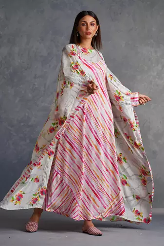 Blossom Pink Floral Cape With Stripes Dress