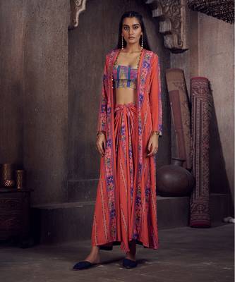 Red Aarya Drape Skirt And Jacket Set 1