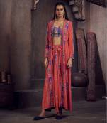 Red Aarya Drape Skirt And Jacket Set