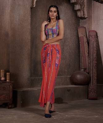 Red Aarya Drape Skirt And Jacket Set 2