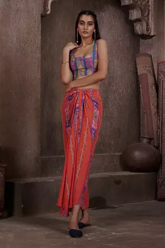 Red Aarya Drape Skirt And Jacket Set
