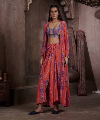 Red Aarya Drape Skirt And Jacket Set 3
