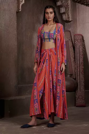 Red Aarya Drape Skirt And Jacket Set