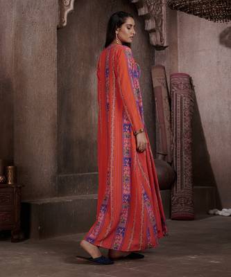 Red Aarya Drape Skirt And Jacket Set 4