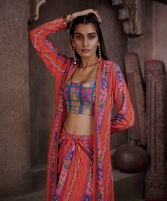 Red Aarya Drape Skirt And Jacket Set 5