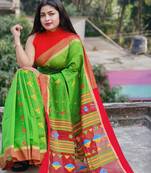 Green woven cotton silk saree with blouse