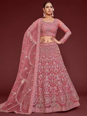 rose pink embroidered net lehenga set choli with dupatta 1