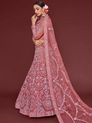 rose pink embroidered net lehenga set choli with dupatta 3