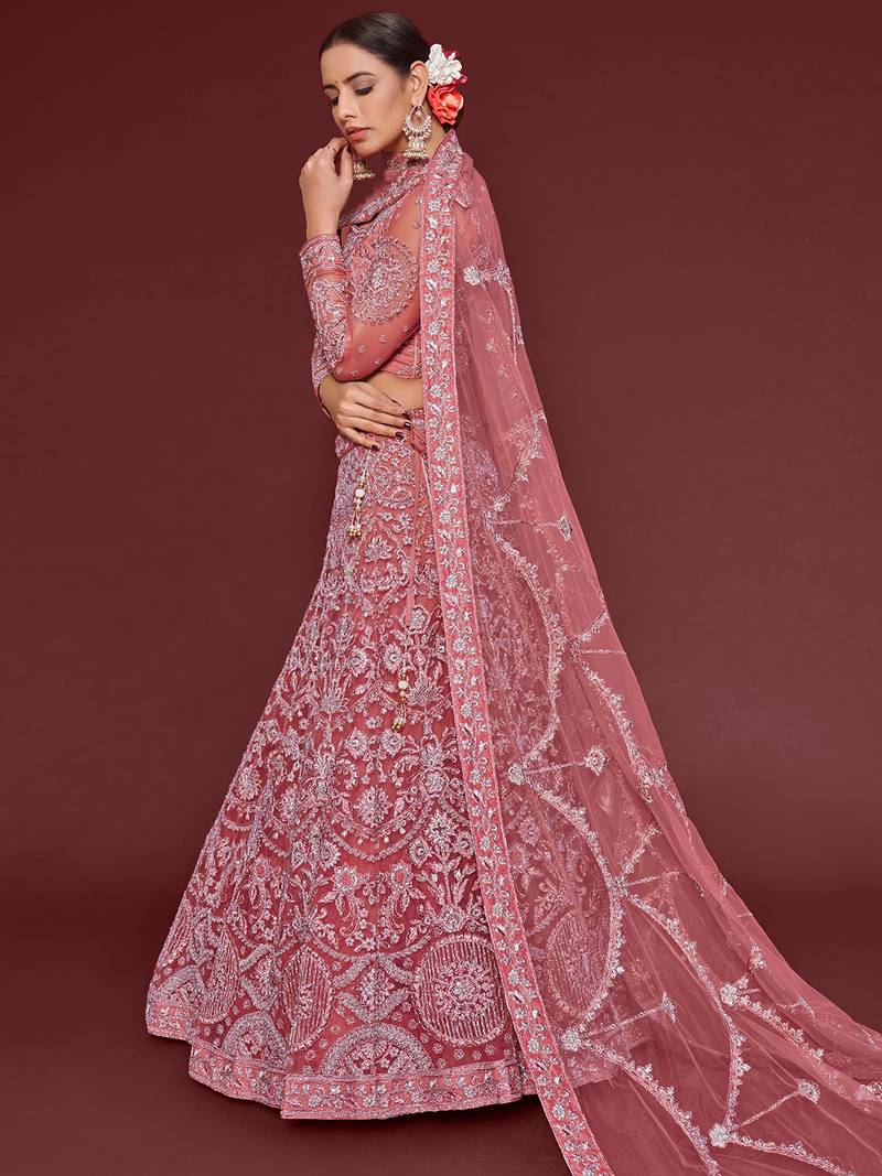 Glamorous Rose Pink Embroidered Net Wedding Wear Lehenga Choli  