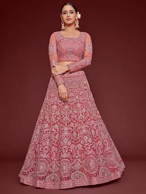 rose pink embroidered net lehenga set choli with dupatta 4