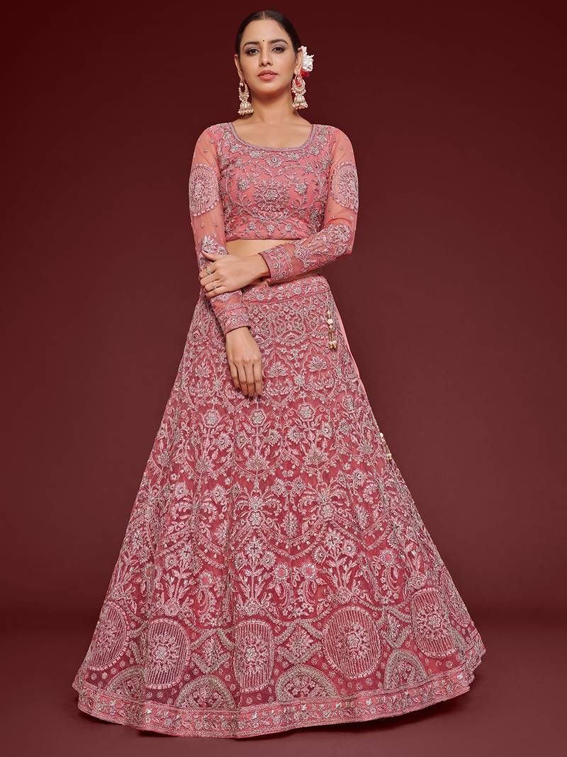 Glamorous Rose Pink Embroidered Net Wedding Wear Lehenga Choli  