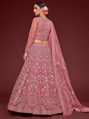 rose pink embroidered net lehenga set choli with dupatta 5