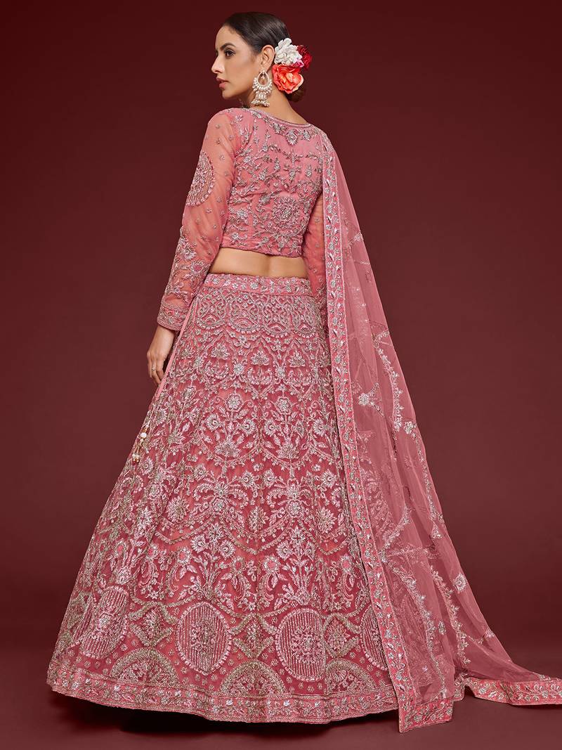 Glamorous Rose Pink Embroidered Net Wedding Wear Lehenga Choli  