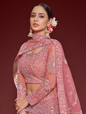 rose pink embroidered net lehenga set choli with dupatta 6