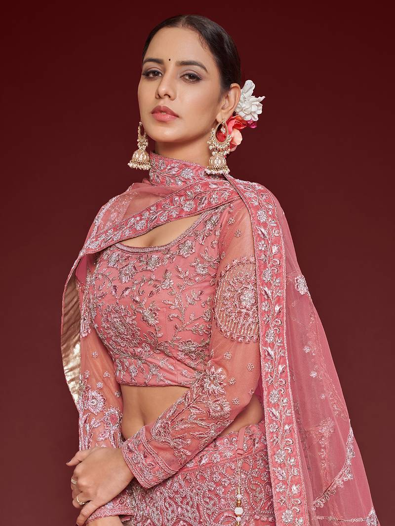 Glamorous Rose Pink Embroidered Net Wedding Wear Lehenga Choli  