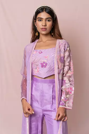 Adeena Lavender Silk Broad Pants And Top With Dupatta