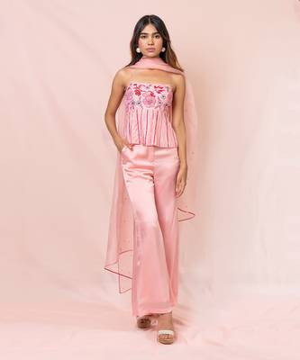 Arabelle Pink Satin Georgette Pants And Top With Dupatta 1