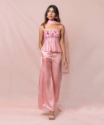 Arabelle Pink Satin Georgette Pants And Top With Dupatta 3