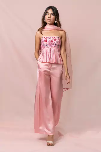Arabelle Pink Satin Georgette Pants And Top With Dupatta