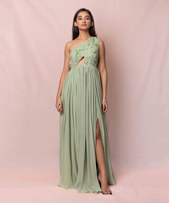 Marcella Pistachio Color One Shoulder Gown 1