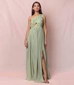 Marcella Pistachio Color One Shoulder Gown