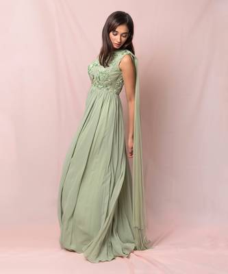 Marcella Pistachio Color One Shoulder Gown 2