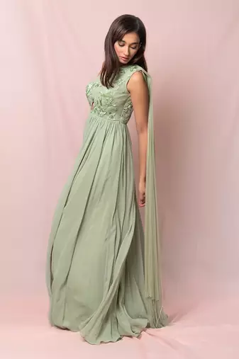Marcella Pistachio Color One Shoulder Gown