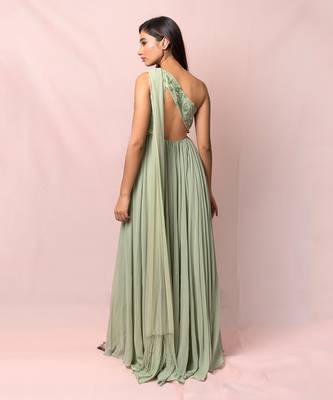 Marcella Pistachio Color One Shoulder Gown 3