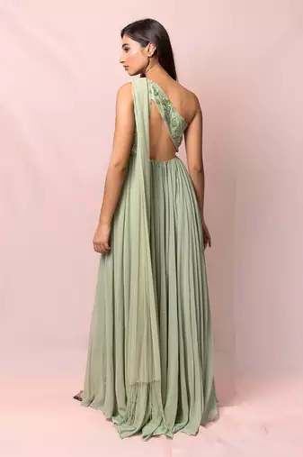 Marcella Pistachio Color One Shoulder Gown