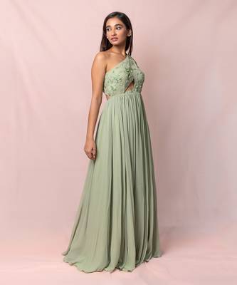 Marcella Pistachio Color One Shoulder Gown 4
