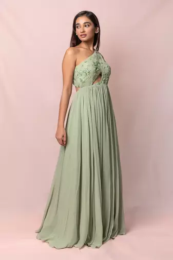 Marcella Pistachio Color One Shoulder Gown