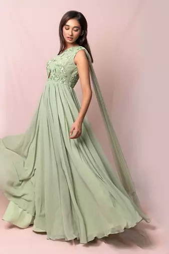 Marcella Pistachio Color One Shoulder Gown