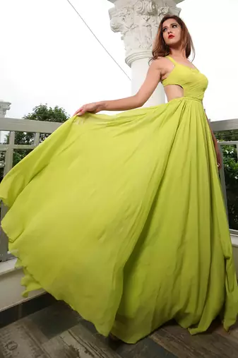 Lime Green Flowing Georgette Gown with Side Cut-Outs