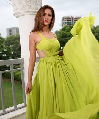Lime Green Flowing Georgette Gown with Side Cut-Outs 9