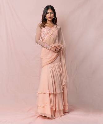 Annika Pink Georgette Three Tired Skirt With Draped Saree 1